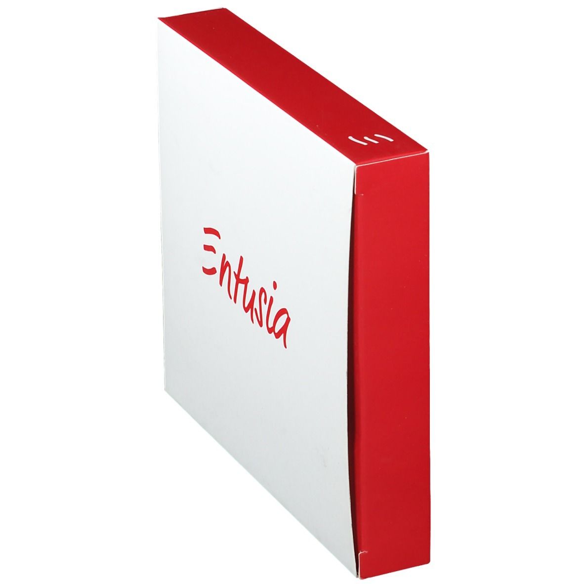 Boîte blanche à bord rouge, inscription "Entusia".