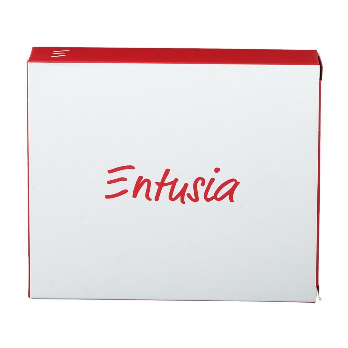 Boîte blanche avec couvercle rouge et inscription rouge "Entusia".