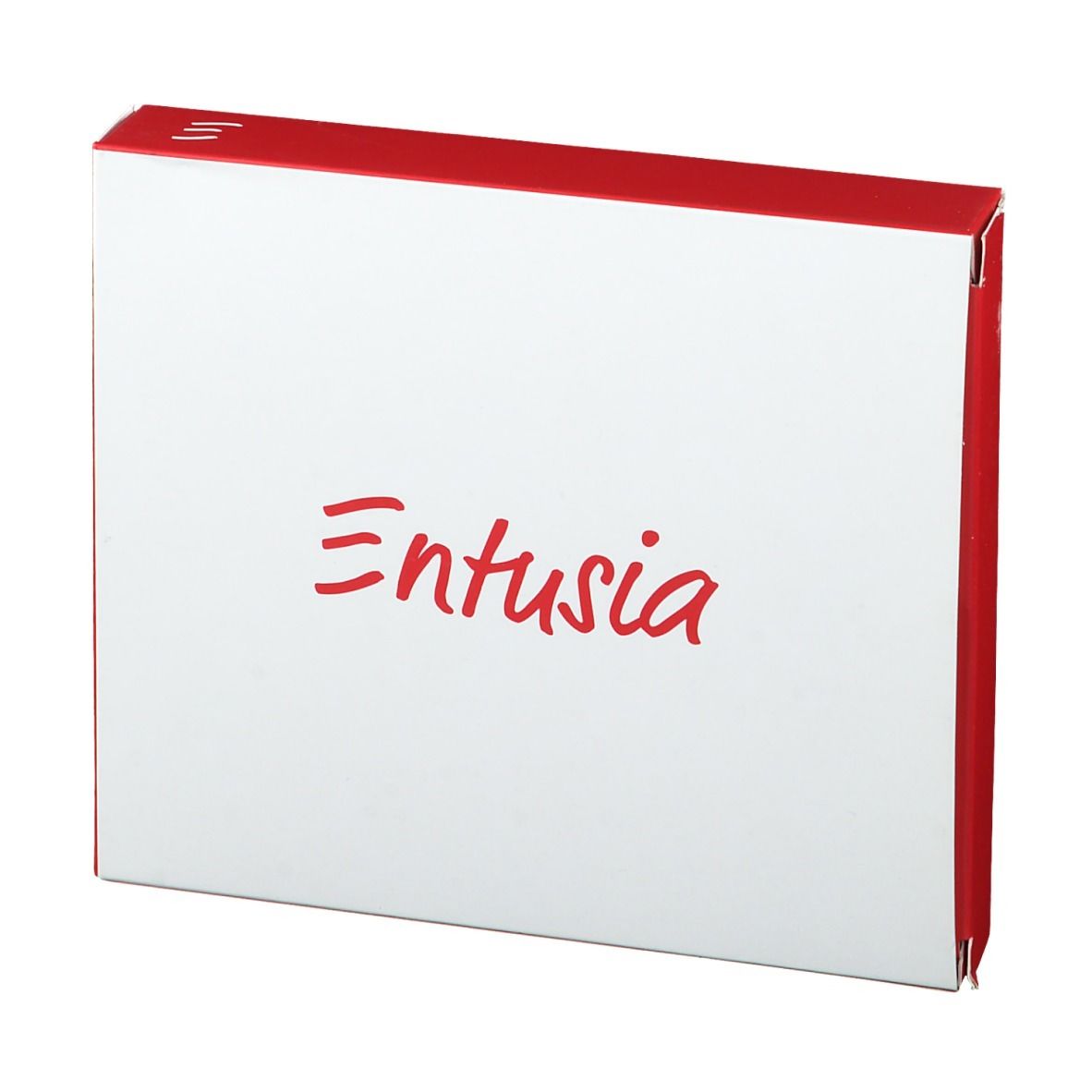 Boîte blanche avec couvercle rouge et inscription rouge "Entusia".