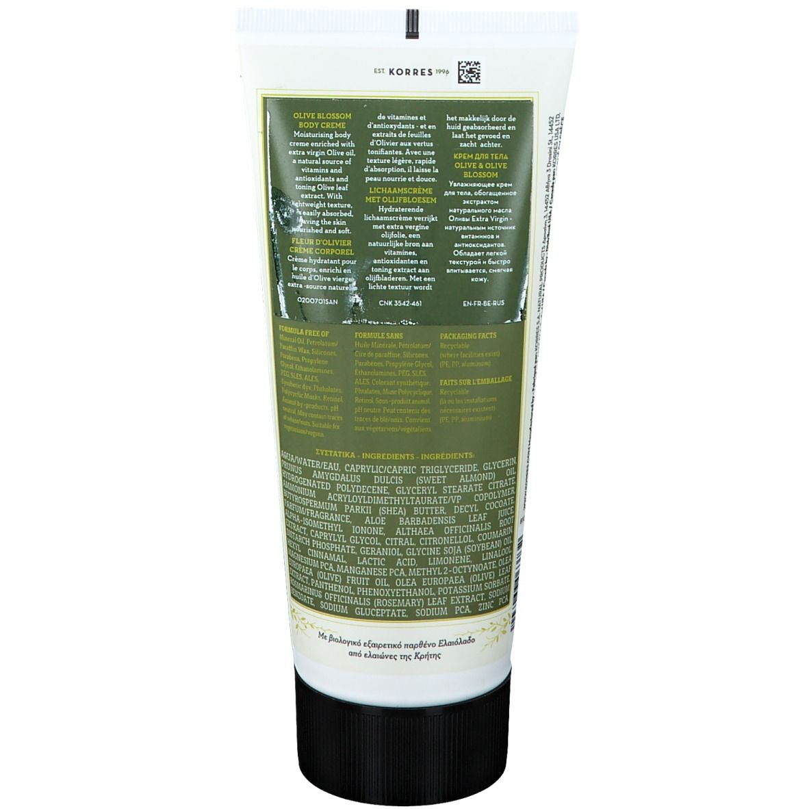 Rückseite der KORRES Oliven-Körperlotion-Tube. Text mit Inhaltsstoffen und Produktinformationen auf grünem Hintergrund.