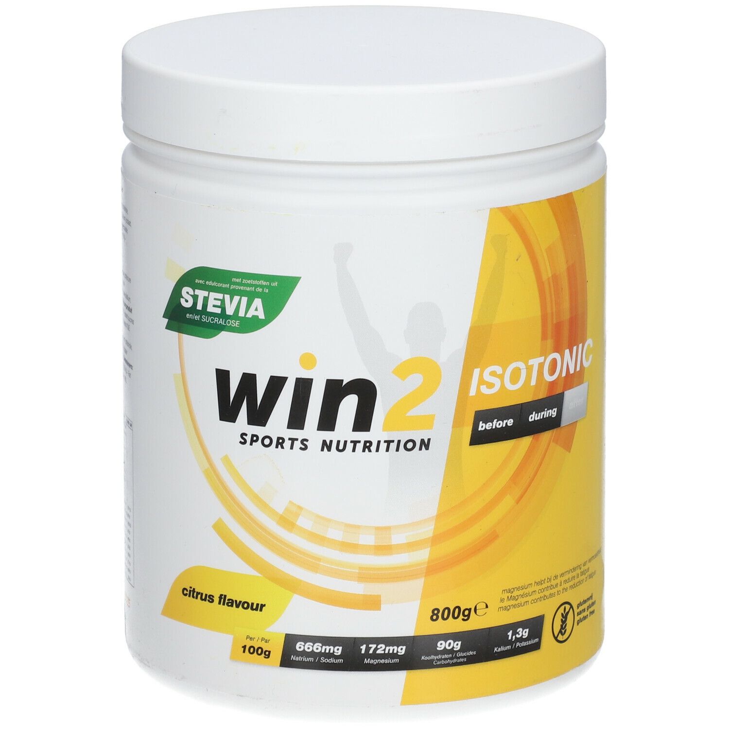 Witte pot met geel etiket. Opschrift: win2 Isotonic, citrus smaak, Stevia. 800g.