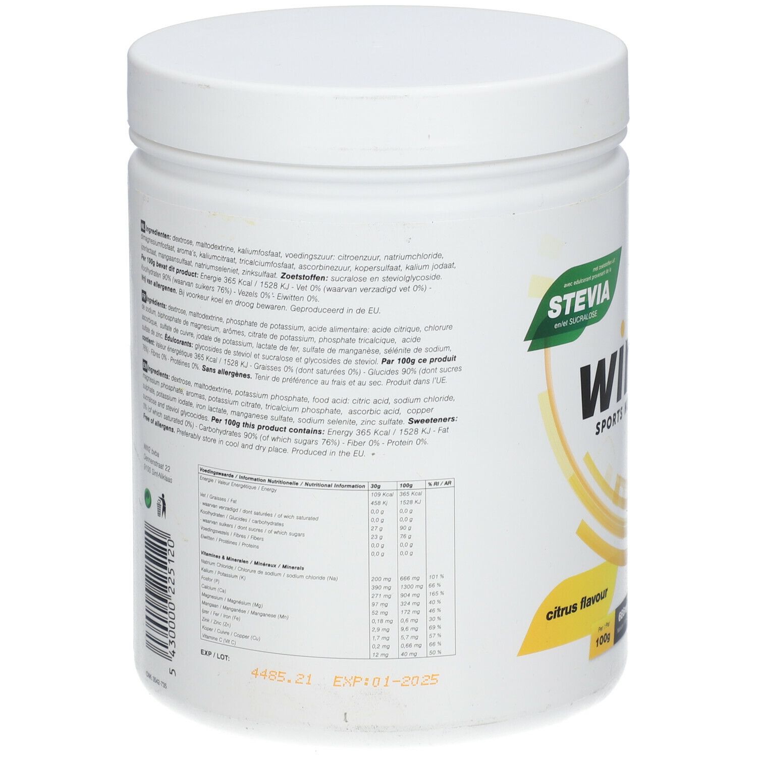 Achterkant van de witte pot. Bevat informatie over ingrediënten en voedingswaarde. Stevia logo.