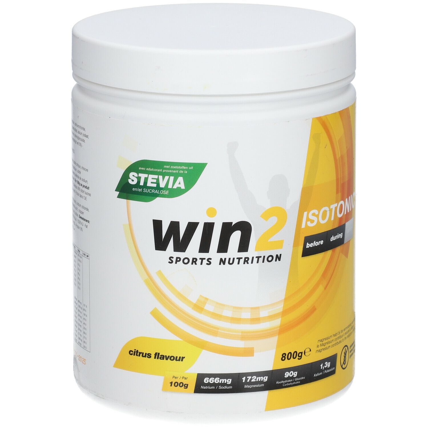 Witte pot met geel etiket. Opschrift: win2 Isotonic, citrus smaak, Stevia. 800g.
