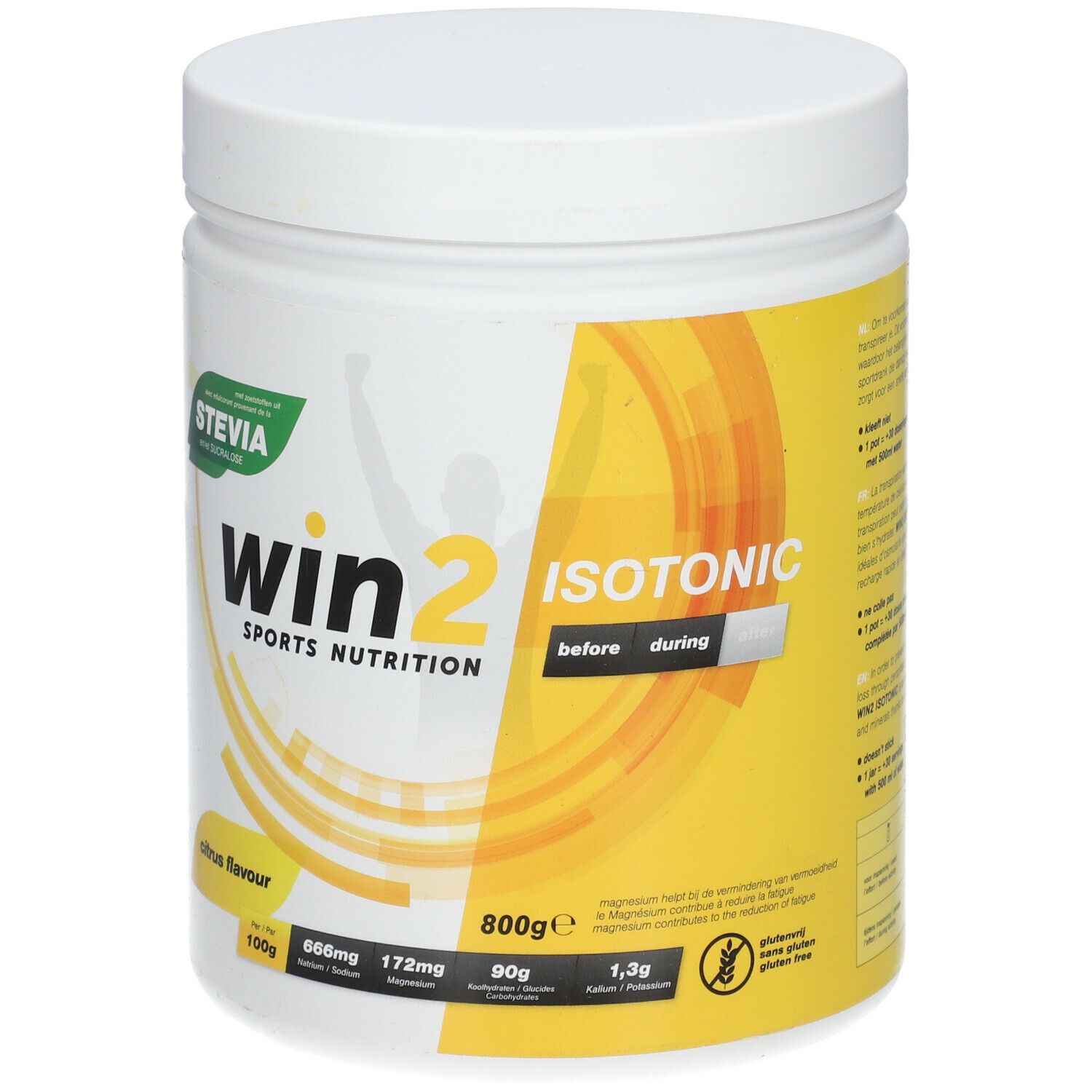 Witte pot met geel etiket. Opschrift: win2 Isotonic, citrus smaak, Stevia. 800g.