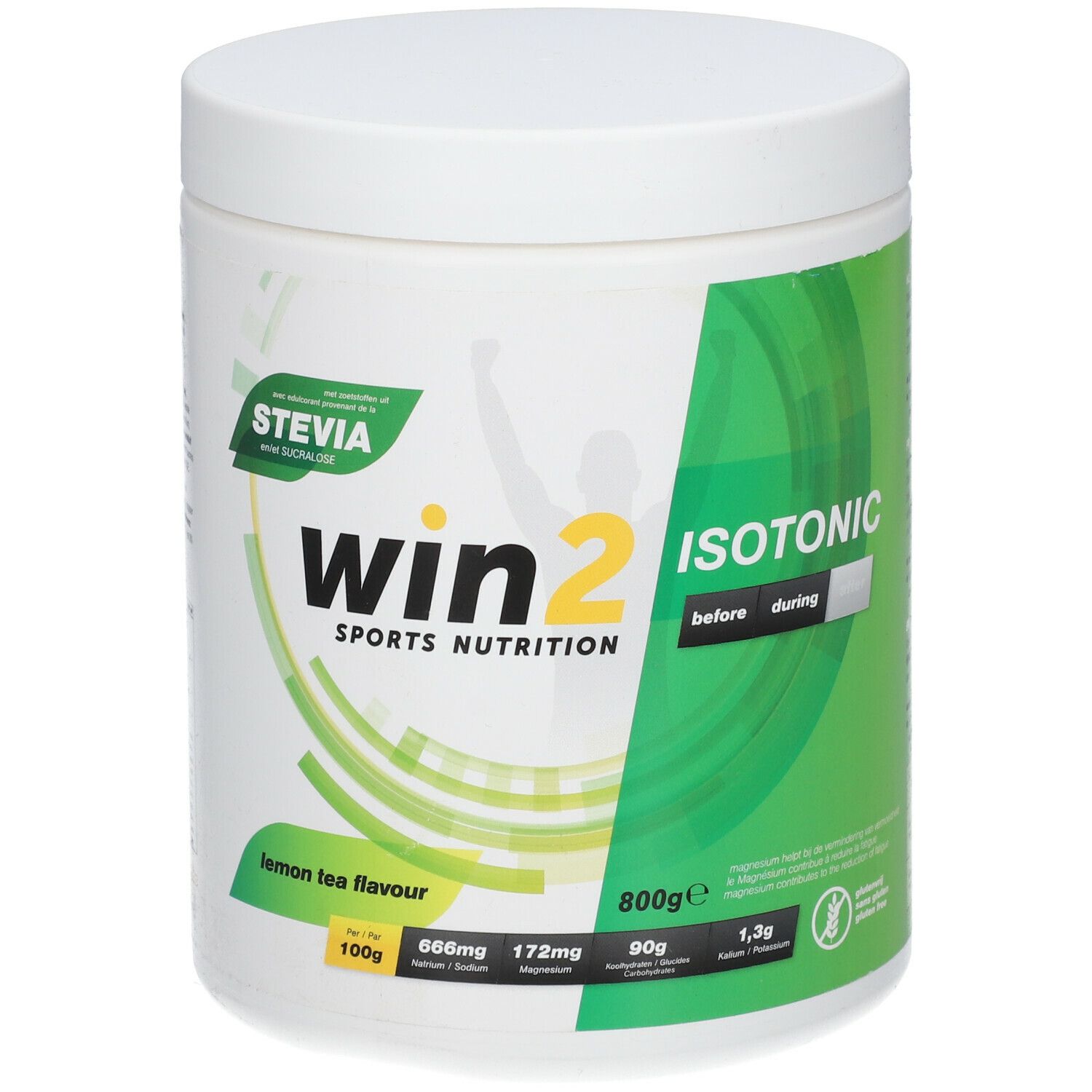 Witte pot met groen etiket. Opschrift: win2 Isotonic, lemon tea flavour, Stevia. 800g.