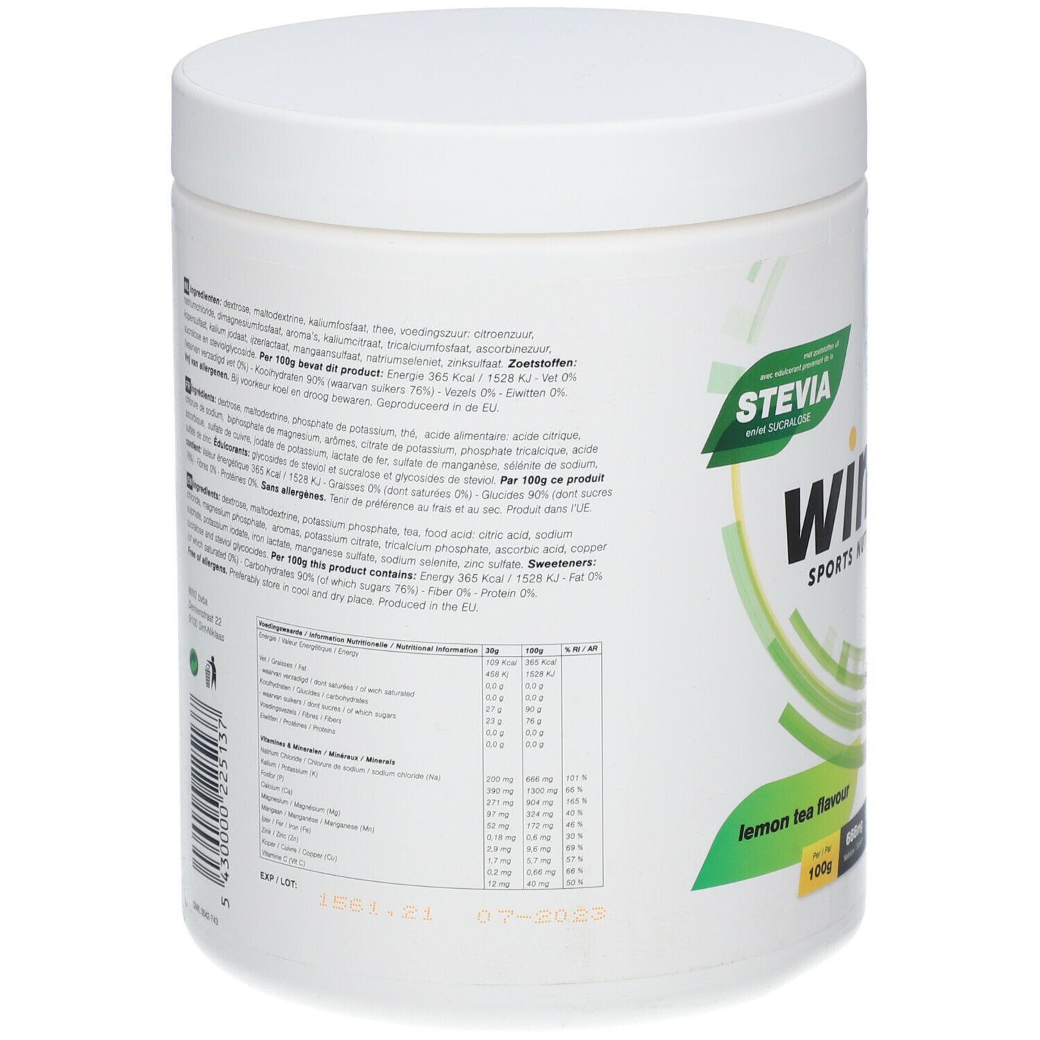 Achterkant van de witte pot. Tekst met ingrediënten en voedingswaarde. THT: 07-2022.