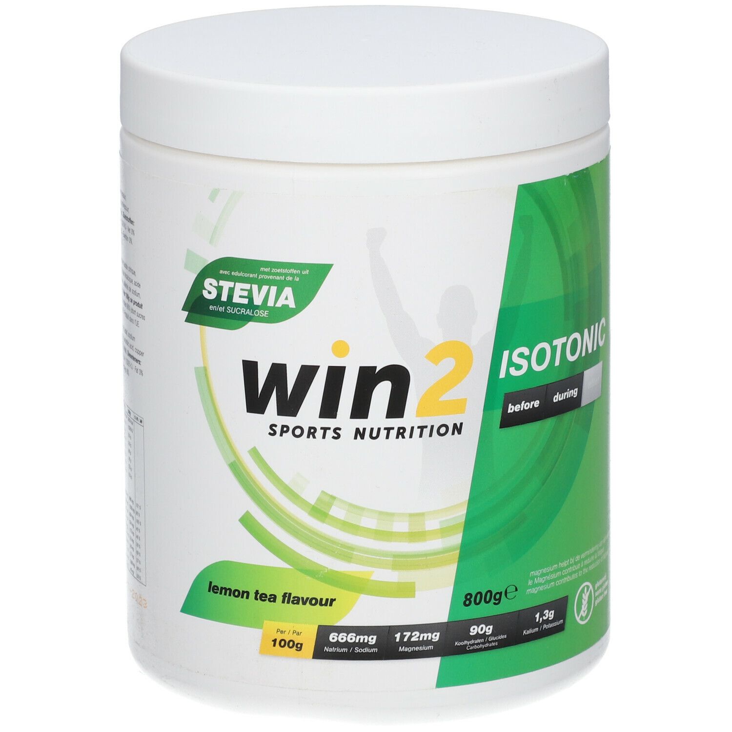 Witte pot met groen etiket. Opschrift: win2 Isotonic, lemon tea flavour, Stevia. 800g.