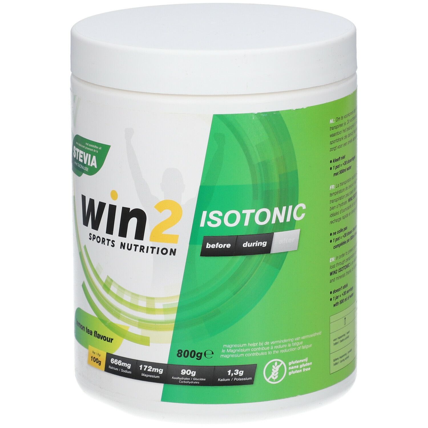 Witte pot met groen etiket. Opschrift: win2 Isotonic, lemon tea flavour, Stevia. 800g.