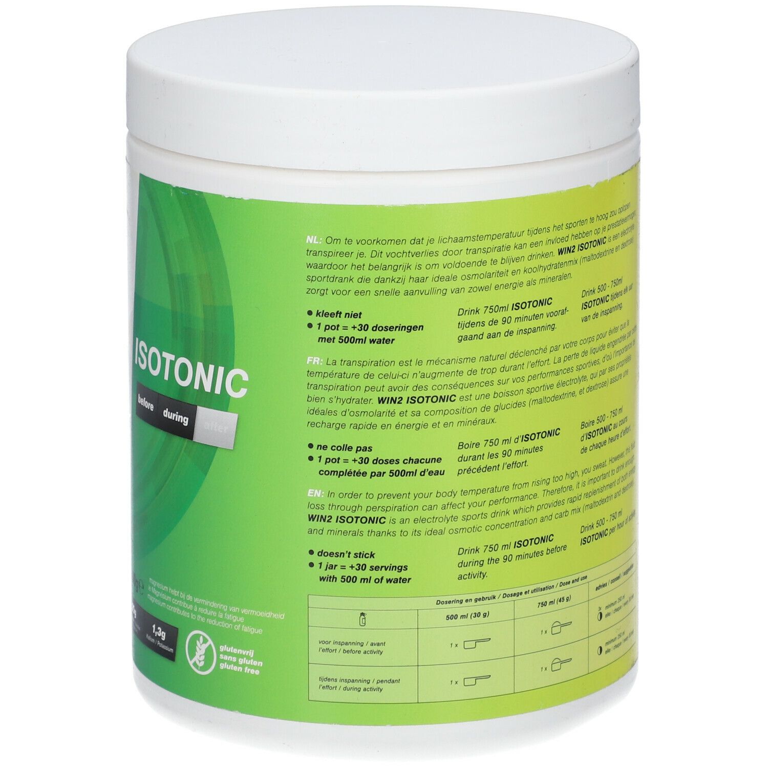 Achterkant van de witte pot. Tekst met gebruiksaanwijzing. win2 Isotonic, 750ml per uur.