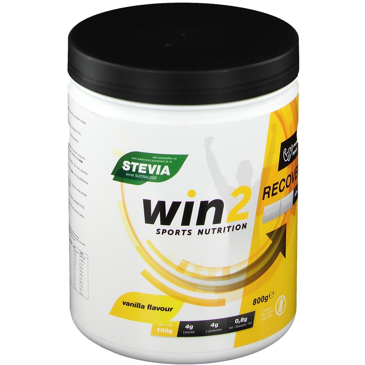 Witte pot met zwarte deksel. Opschrift: STEVIA, win2, SPORTS NUTRITION, vanilla flavour. Gele accenten.