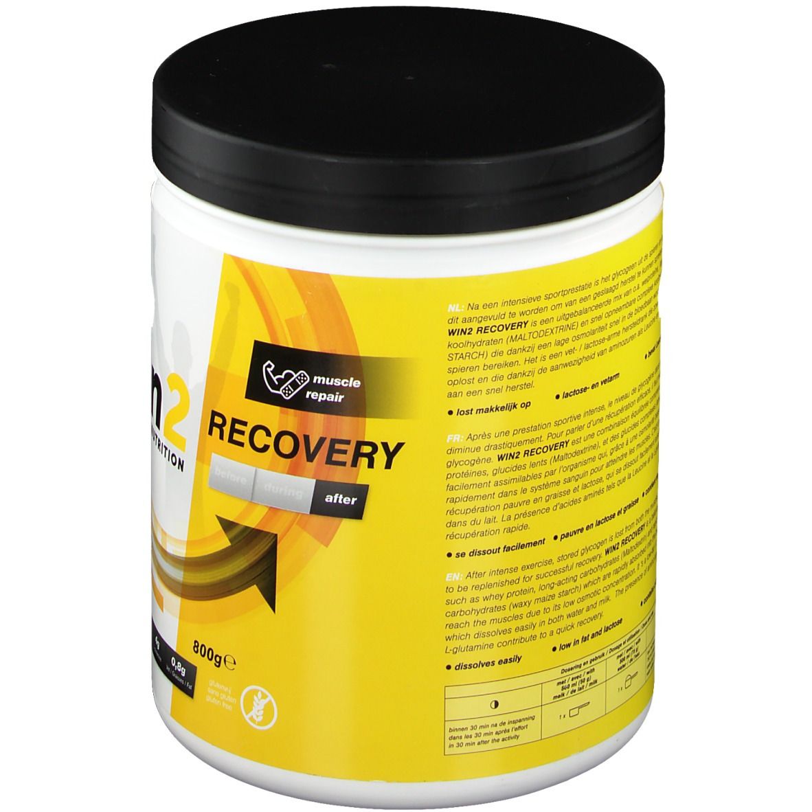 Witte pot met zwarte deksel. Opschrift: win2, RECOVERY, muscle repair after. Gele achtergrond.
