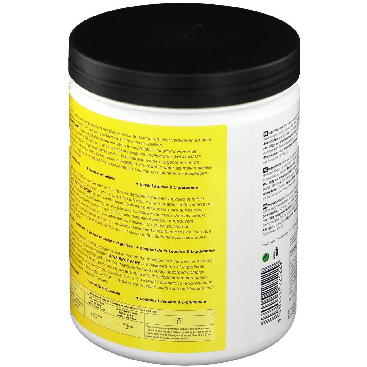 Achterkant van een witte pot met zwarte deksel. Gele achtergrond met tekst. Bevat Leucine & L-Glutamine.