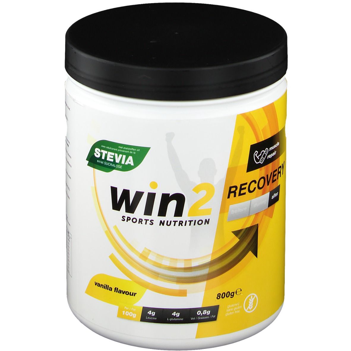 Witte pot met zwarte deksel. Opschrift: STEVIA, win2, SPORTS NUTRITION, vanilla flavour. Gele accenten.