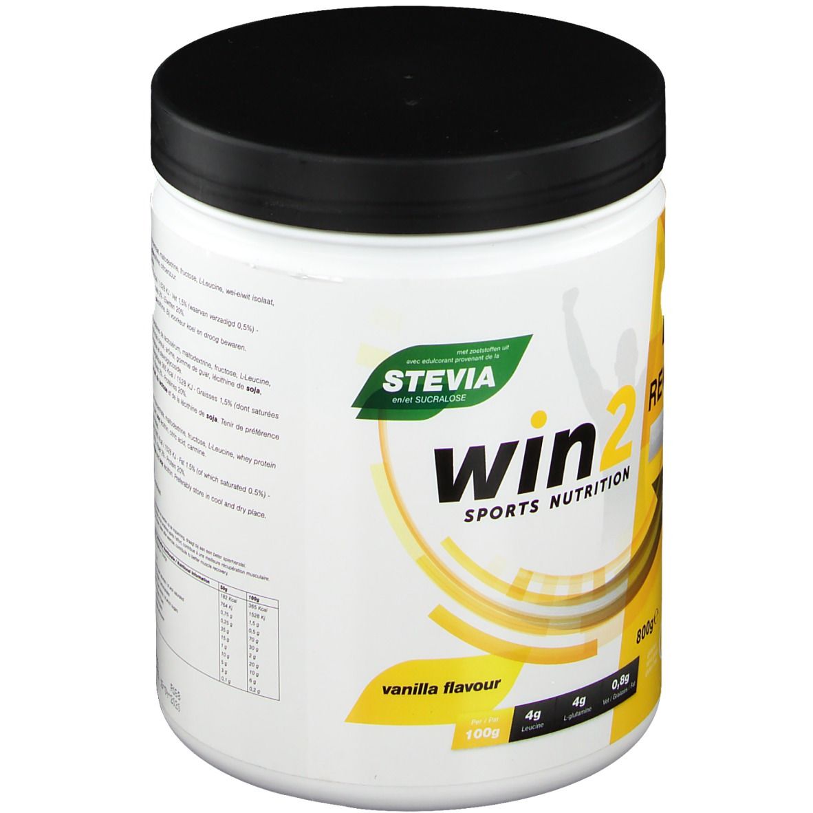 Witte pot met zwarte deksel. Opschrift: STEVIA, win2, SPORTS NUTRITION, vanilla flavour. Gele accenten.