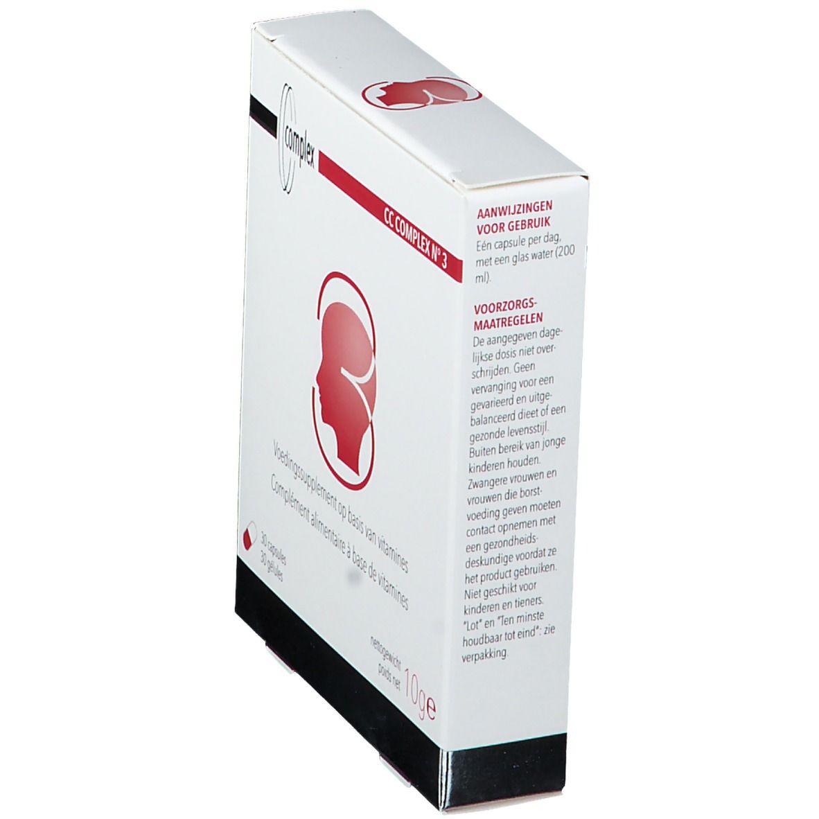Doos CC COMPLEX N°3, wit, met rood hoofdsymbool. Bevat 30 capsules. Tekst in het Nederlands en Frans.