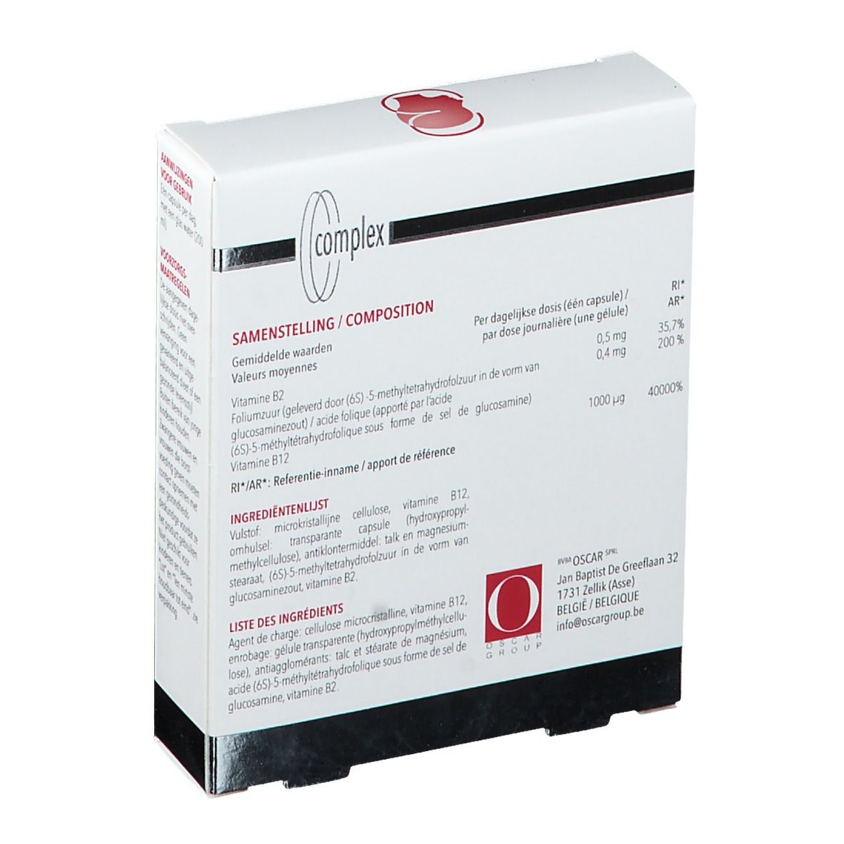 Achterkant van de doos CC COMPLEX N°3. Bevat informatie over ingrediënten en voedingswaarden. O-Group logo.