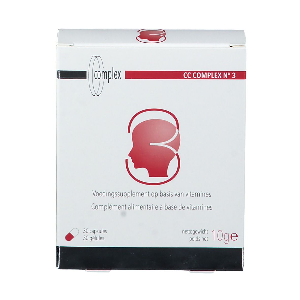 Witte doos met rood hoofdsymbool en opschrift CC COMPLEX N°3. Bevat 30 capsules. Nettogewicht 10g.