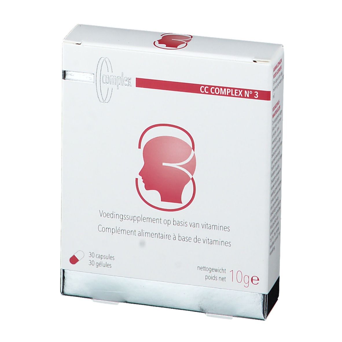 Witte doos met rood hoofdsymbool en opschrift CC COMPLEX N°3. Bevat 30 capsules. Nettogewicht 10g.