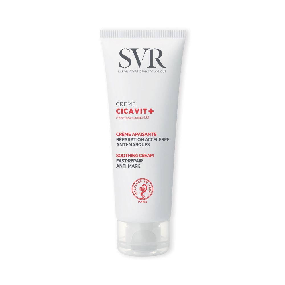 Tube blanc avec texte rouge. Logo SVR, CICAVIT+ Crème, texte en français. 40ml, Fabriqué en France.