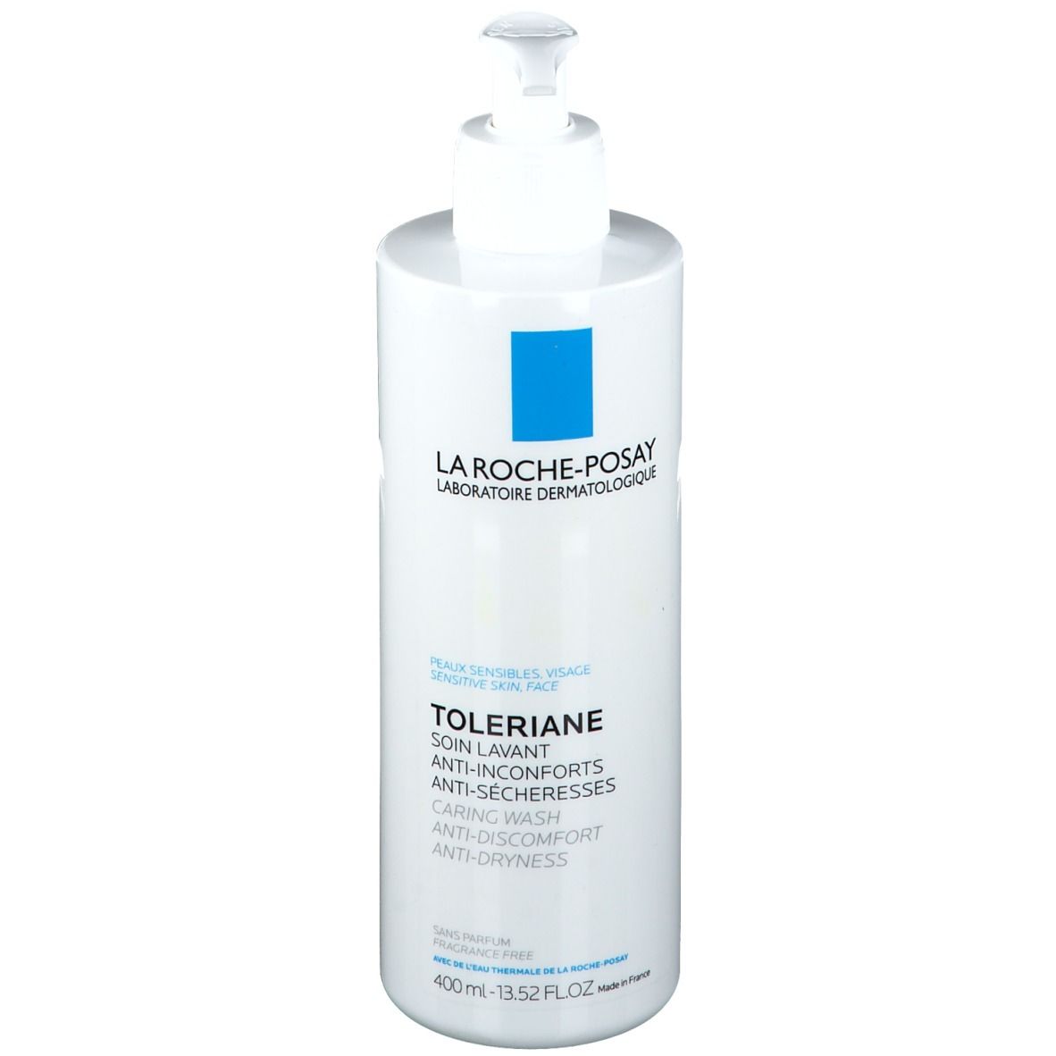 Flacon blanc avec pompe. Inscription: La Roche-Posay, Toleriane, Caring Wash. Carré bleu. 400ml.