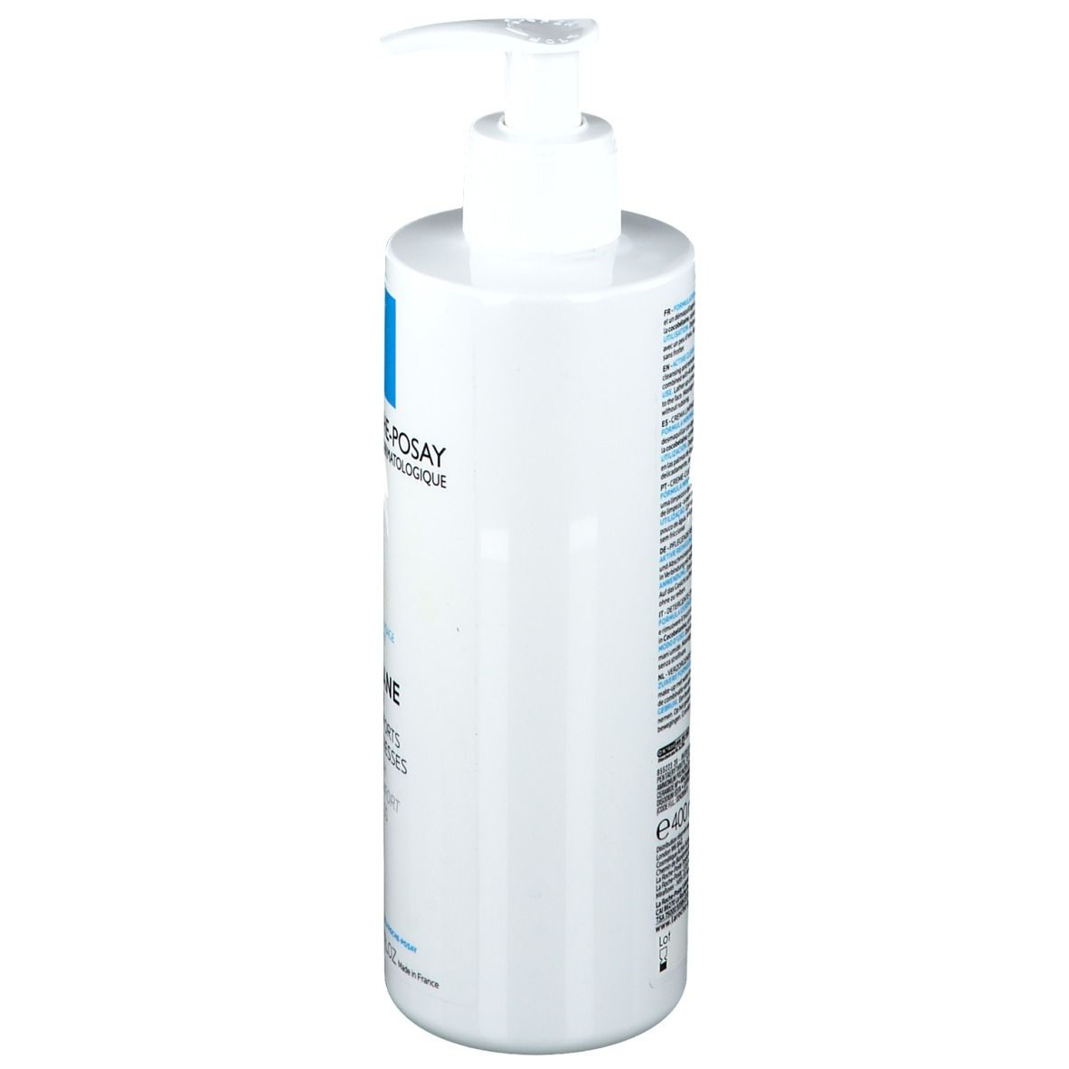Flacon blanc avec pompe. Inscription: La Roche-Posay, Toleriane. Texte au dos. 400ml.