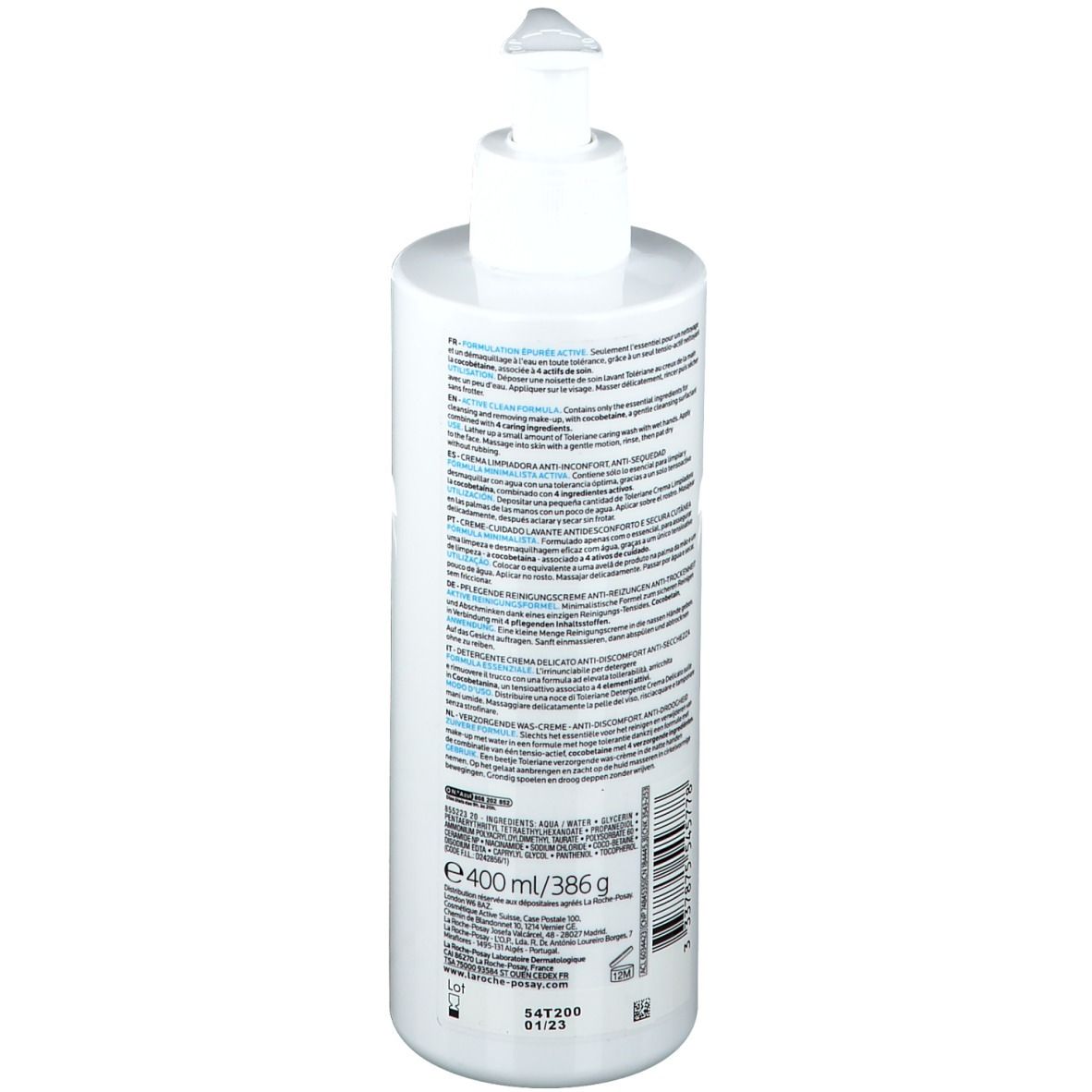 Dos d'un flacon blanc avec pompe. Texte: ingrédients, informations. 400ml.