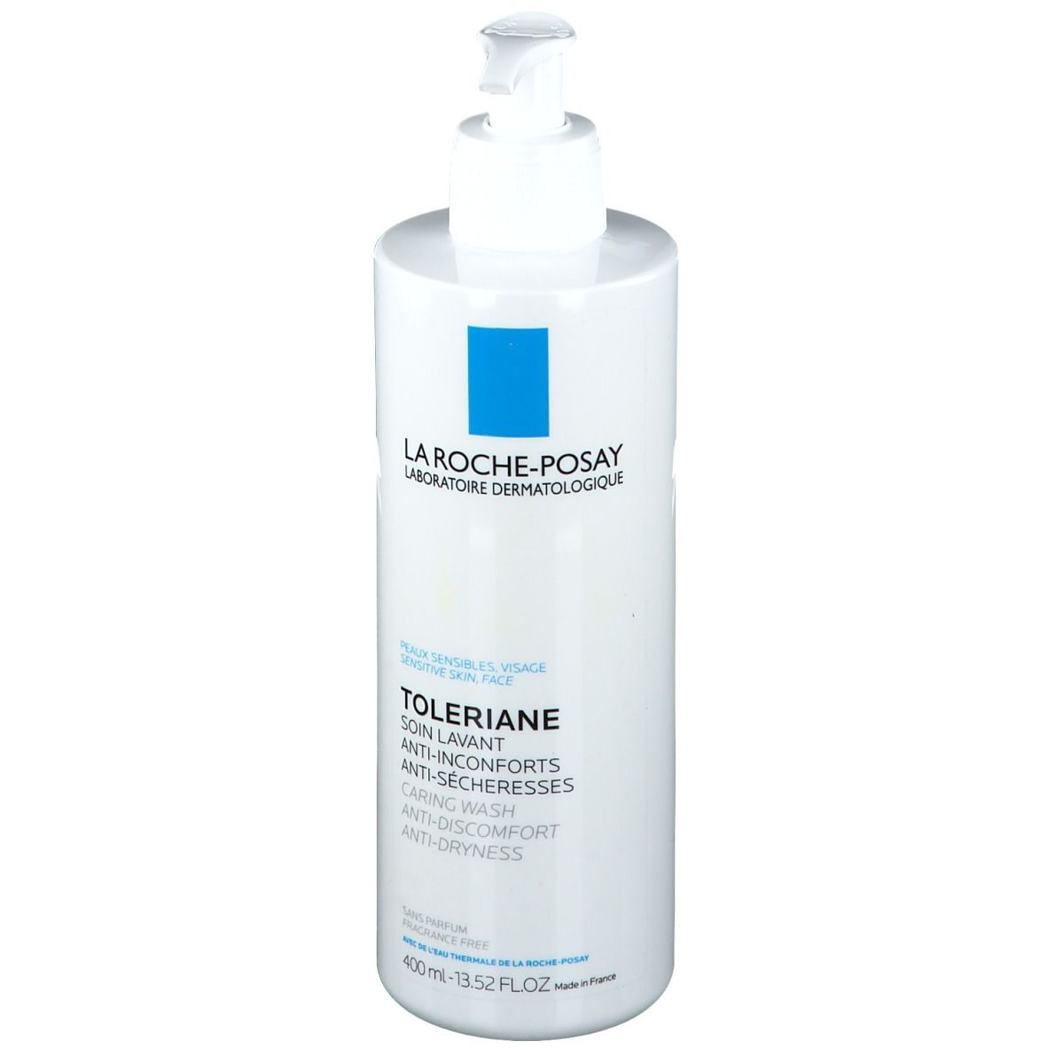 Flacon blanc avec pompe. Inscription: La Roche-Posay, Toleriane, Caring Wash. Carré bleu. 400ml.