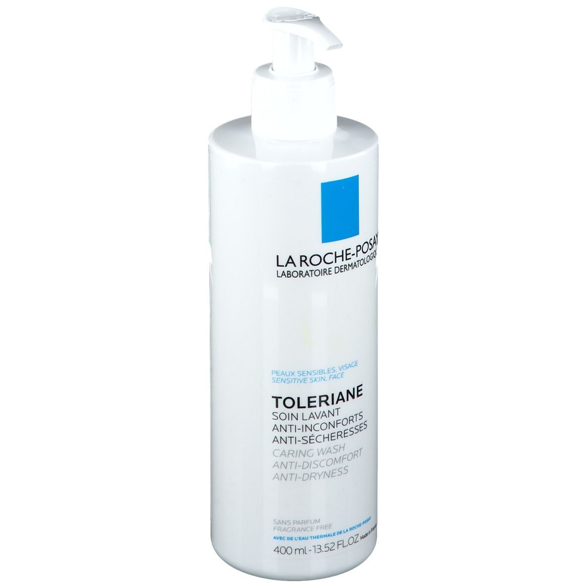 Flacon blanc avec pompe. Inscription: La Roche-Posay, Toleriane, Caring Wash. Carré bleu. 400ml.