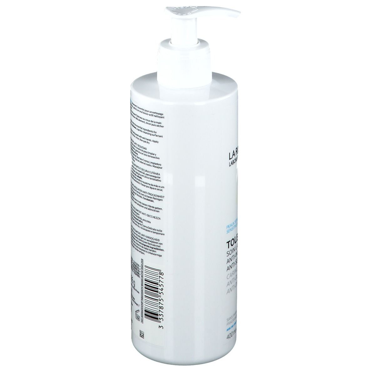 Flacon blanc avec pompe. Inscription: La Roche-Posay, Toleriane. Texte au dos. 400ml.