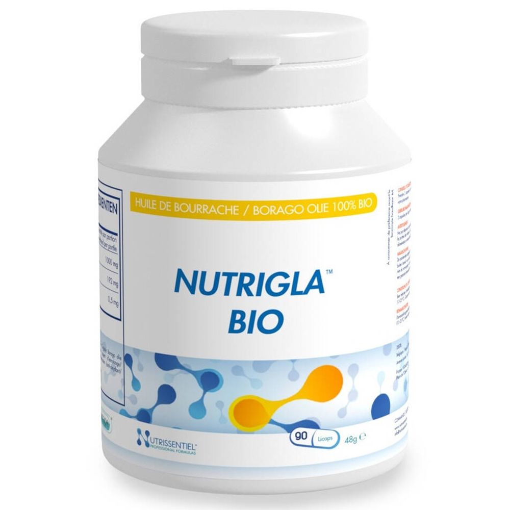 Weiße Flasche mit Kapseln. Aufschrift: Nutrigla Bio. 90 Kapseln. Borago-Öl.