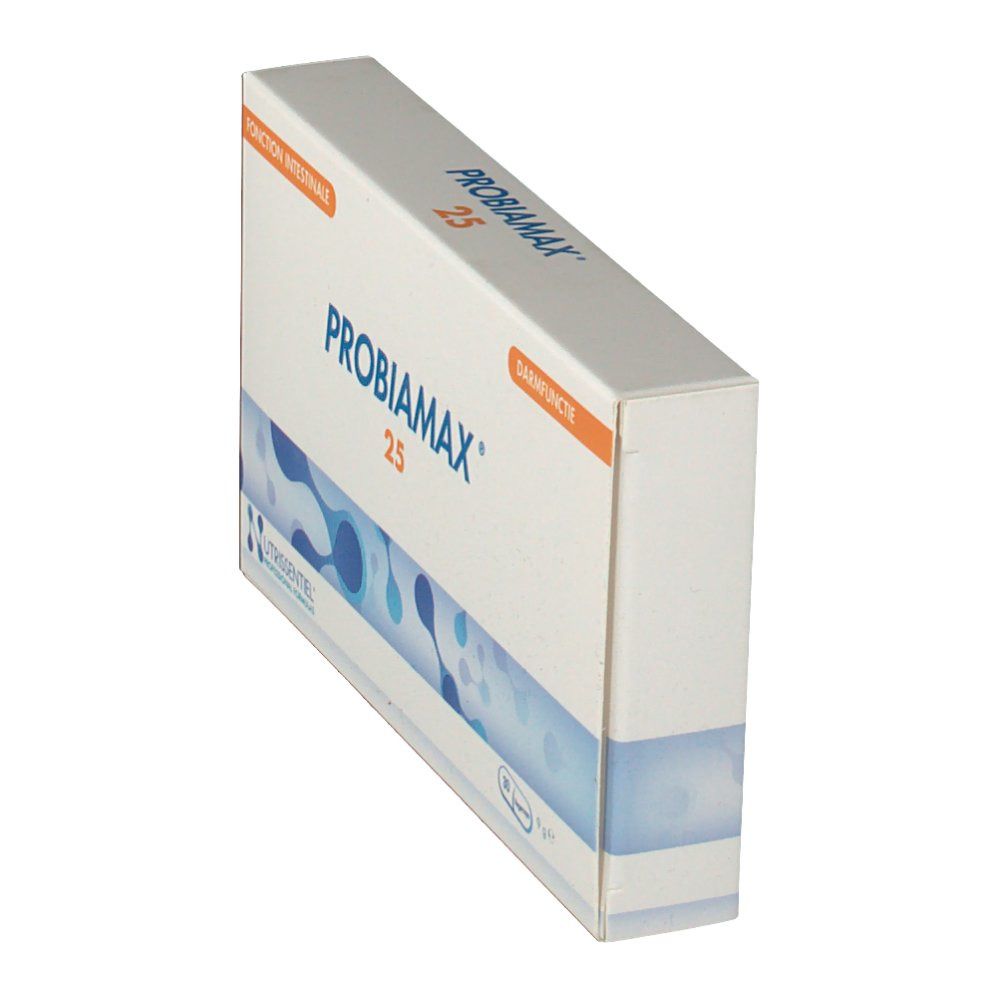 Boîte PROBIAMAX 25. Emballage blanc avec accents bleus. Inscriptions: Darmfunctie, PROBIAMAX 25.