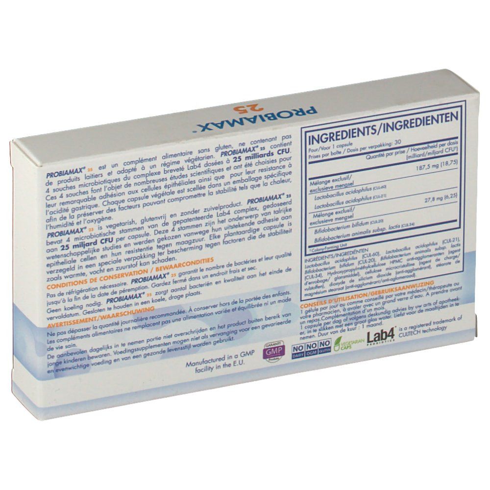 Boîte PROBIAMAX 25. Arrière avec informations sur les ingrédients et avertissements. Texte en allemand, français et néerlandais.
