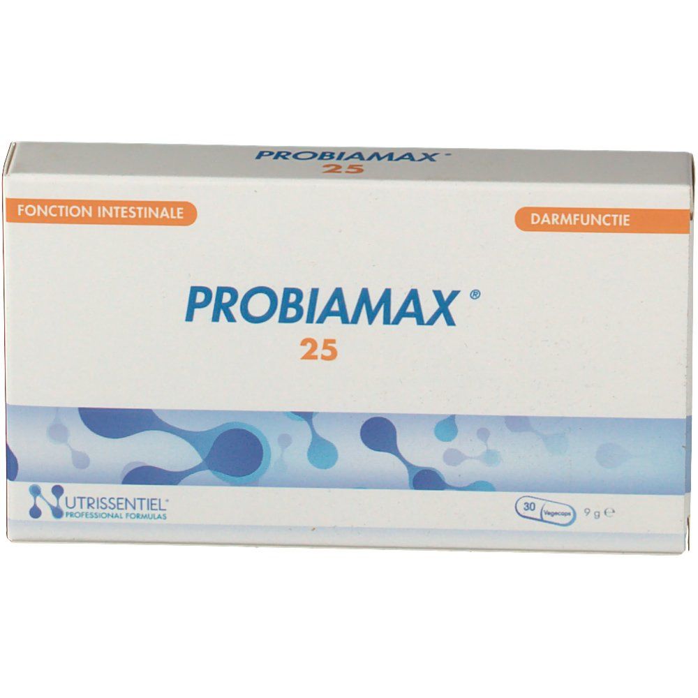 Boîte PROBIAMAX 25. Emballage blanc avec accents bleus et orange. Inscriptions: Fonction Intestinale, Darmfunctie.