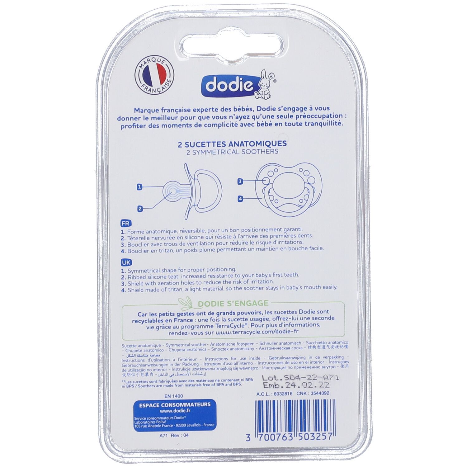 Rückseite der Blisterverpackung mit zwei Schnullern. Text: "dodie", "2 sucettes anatomiques". Illustrationen und Text in mehreren Sprachen.