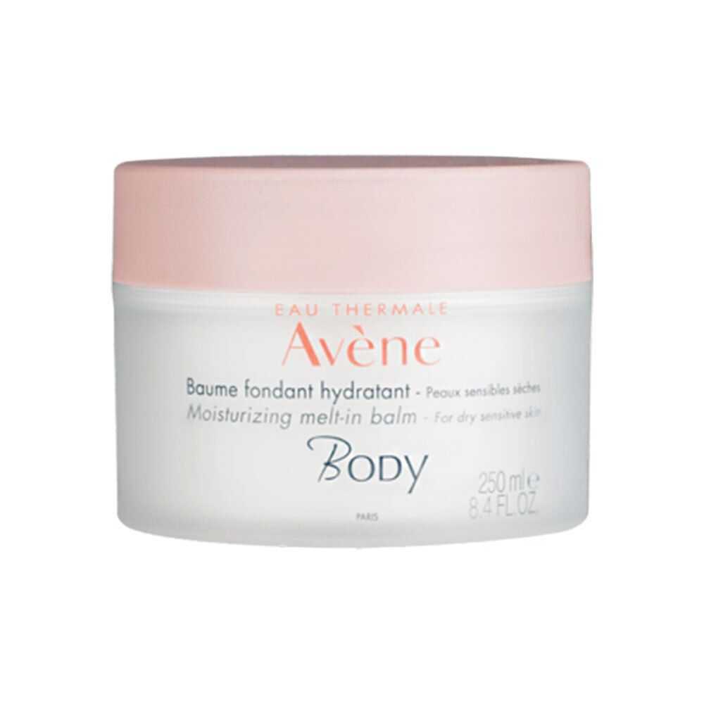 Pot de crème avec couvercle rose. Inscription: Eau Thermale Avène, Baume fondant hydratant, Body. 250 ml.