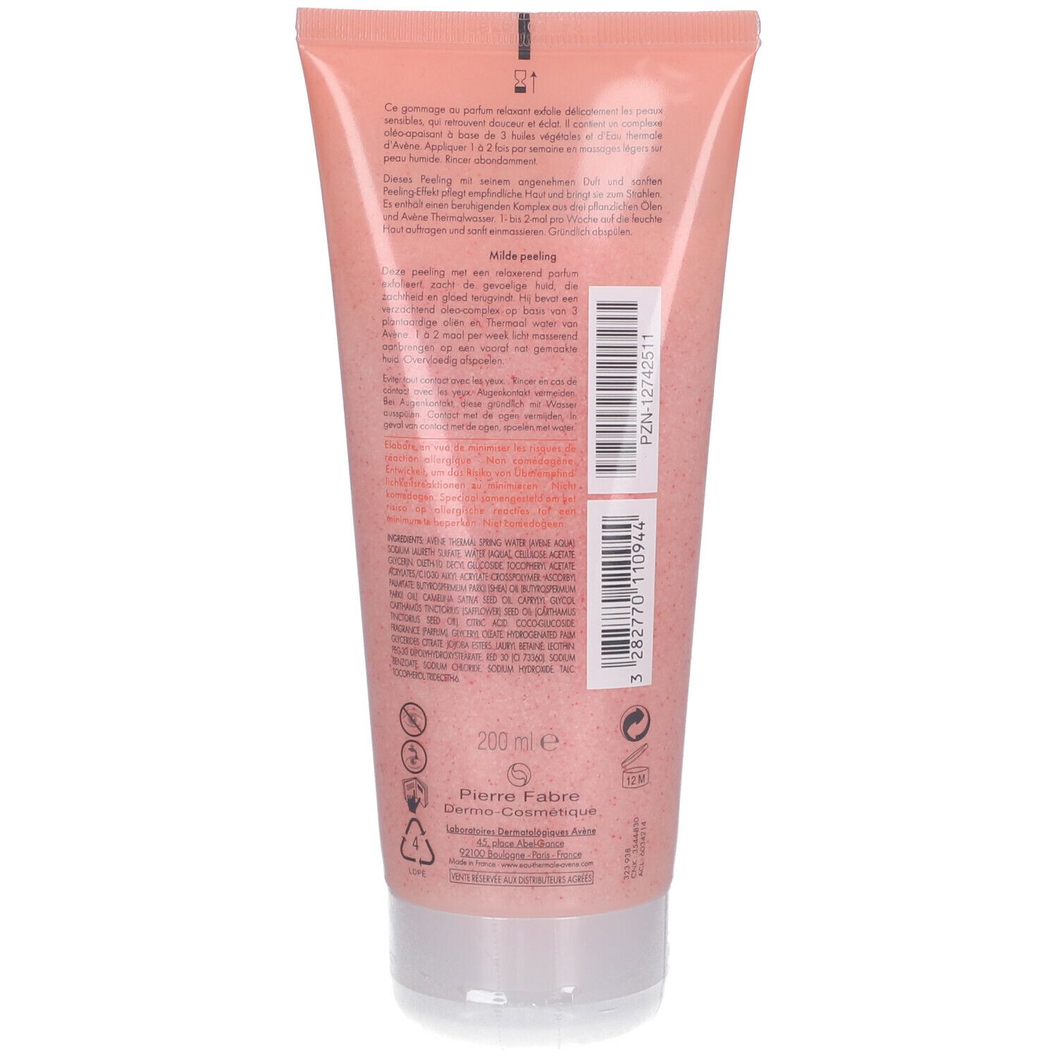 Achterkant van de roze tube. Meertalige tekst, waaronder "Mildes Peeling".