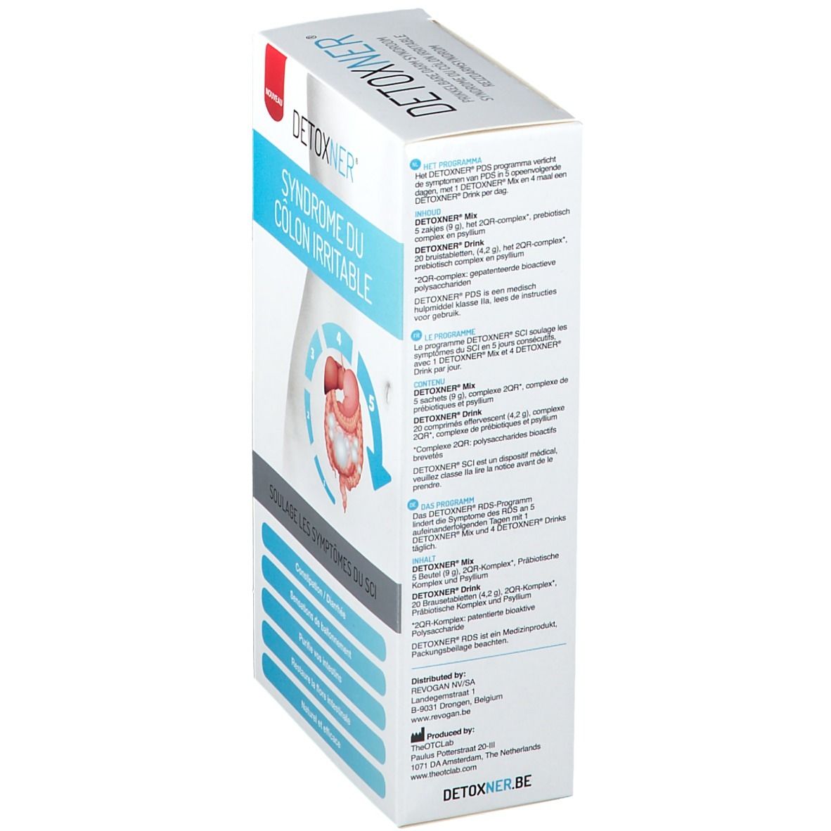 Detoxner-Verpackung, Seitenansicht. Text: Syndrome du côlon irritable. Auflistung der Inhaltsstoffe und Anwendungshinweise.