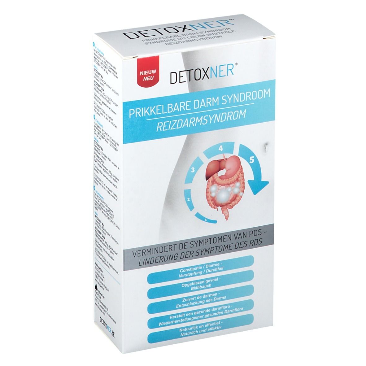 Detoxner-Verpackung. Aufschrift: Prikkelbare darm syndroom. Illustration des Verdauungssystems. Auflistung der Symptome und Vorteile.