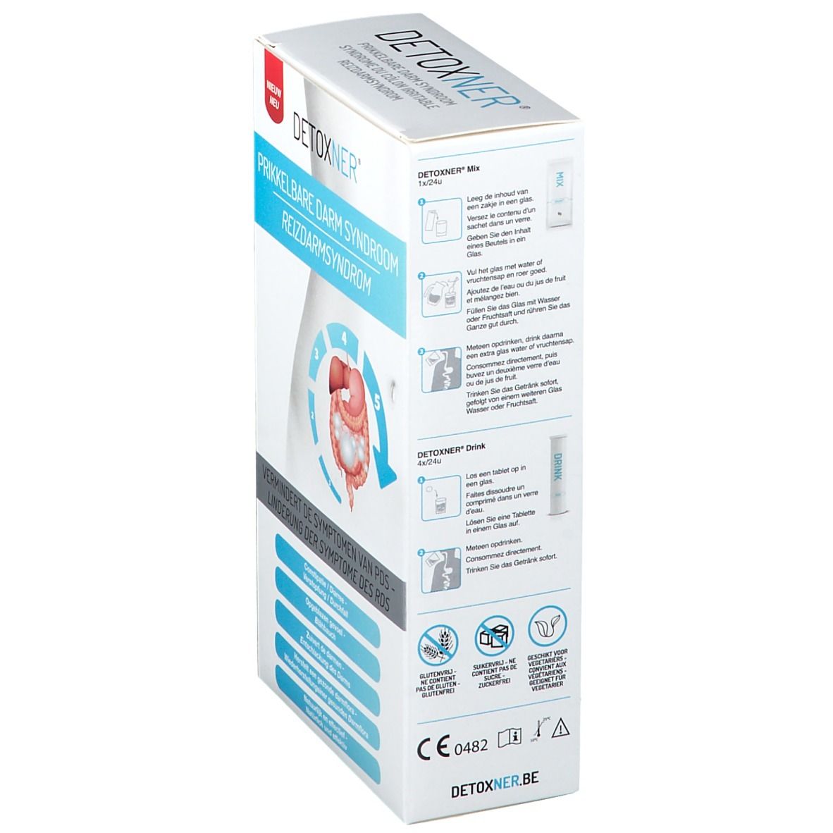 Detoxner-Verpackung, Seitenansicht. Text: Prikkelbare darm syndroom. Anwendungshinweise und Zertifizierungen.