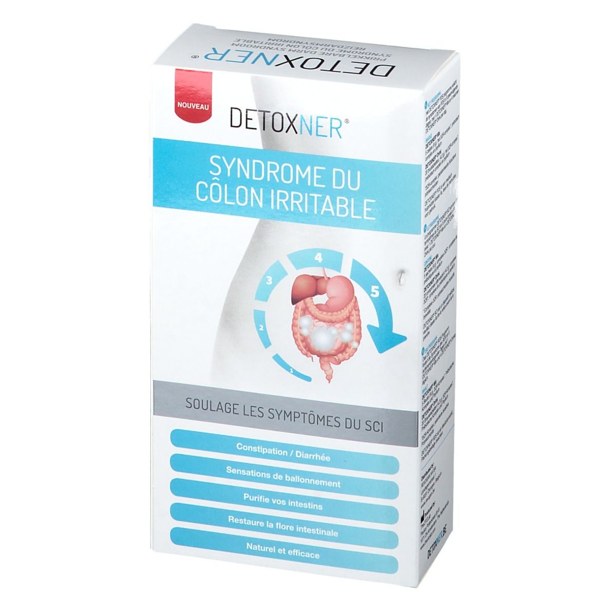 Detoxner-Verpackung. Aufschrift: Syndrom du côlon irritable. Illustration des Verdauungssystems. Auflistung der Symptome und Vorteile.