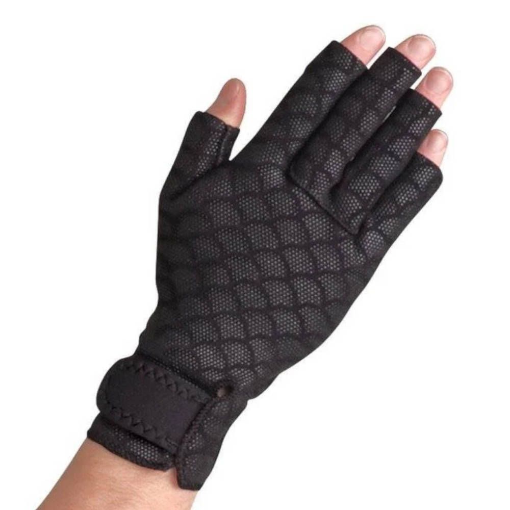 Gant noir sans doigts. Surface texturée. Bande de poignet avec fermeture velcro. Pour l'arthrite.