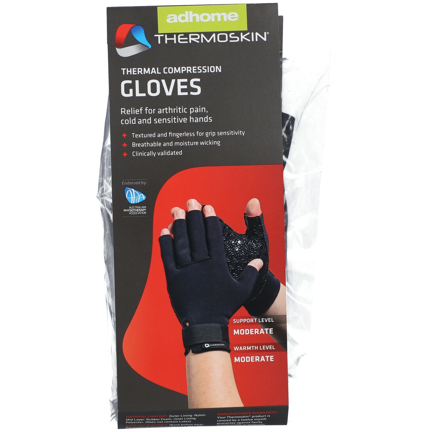 Emballage avec gant Thermoskin noir. Texte pour douleurs arthritiques. Gants sans doigts. Validé cliniquement.