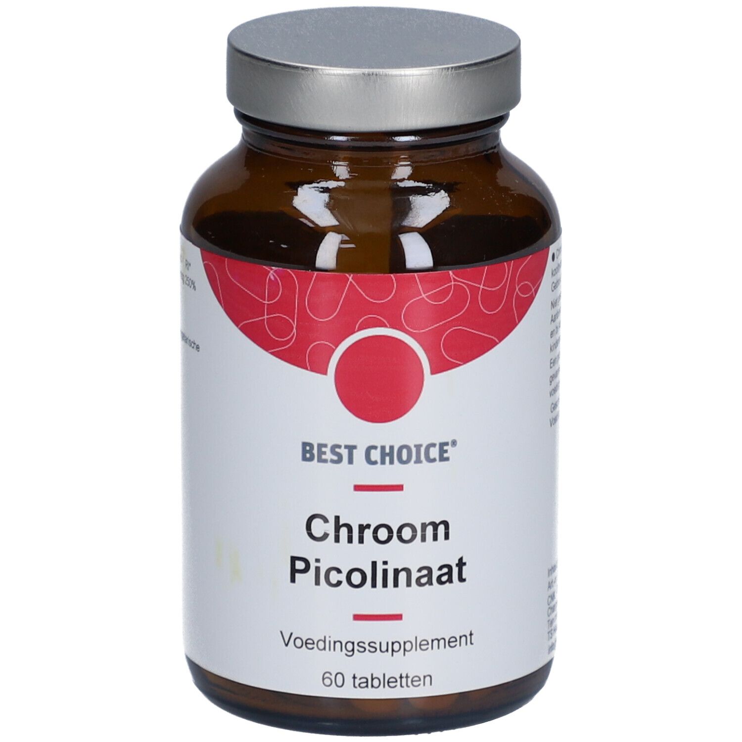 Flacon en verre brun avec bouchon argenté. Étiquette avec design rouge et texte: Best Choice, Chroom Picolinaat, 60 tabletten.