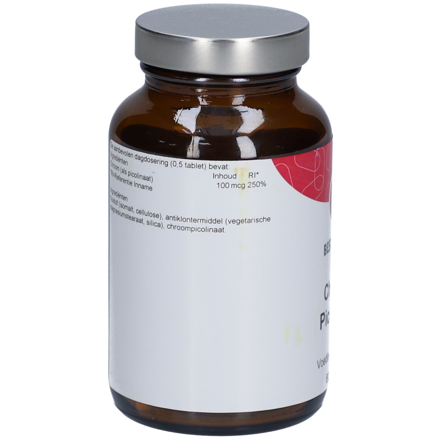 Flacon en verre brun avec bouchon argenté. Étiquette avec texte et design rouge. Contient des informations sur les ingrédients et le dosage.