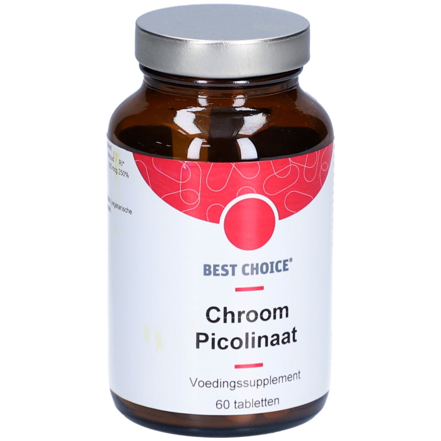 Flacon en verre brun avec bouchon argenté. Étiquette avec design rouge et texte: Best Choice, Chroom Picolinaat, 60 tabletten.