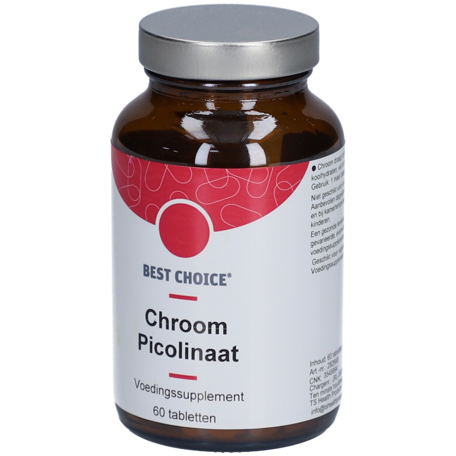 Flacon en verre brun avec bouchon argenté. Étiquette avec design rouge et texte: Best Choice, Chroom Picolinaat, 60 tabletten.