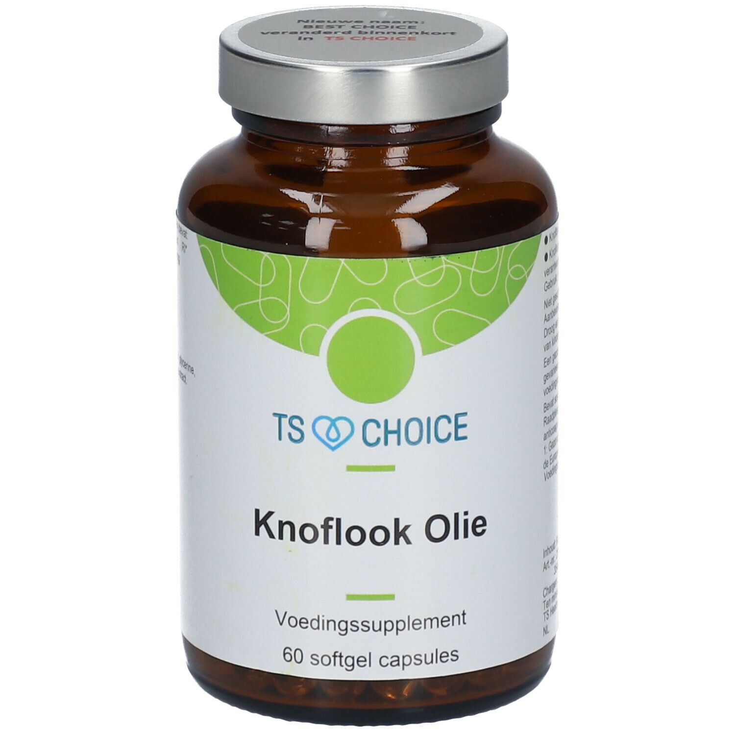 Bruine glazen fles met zilveren dop. Etiket met "TS CHOICE Knoflook Olie" en "60 softgel capsules".