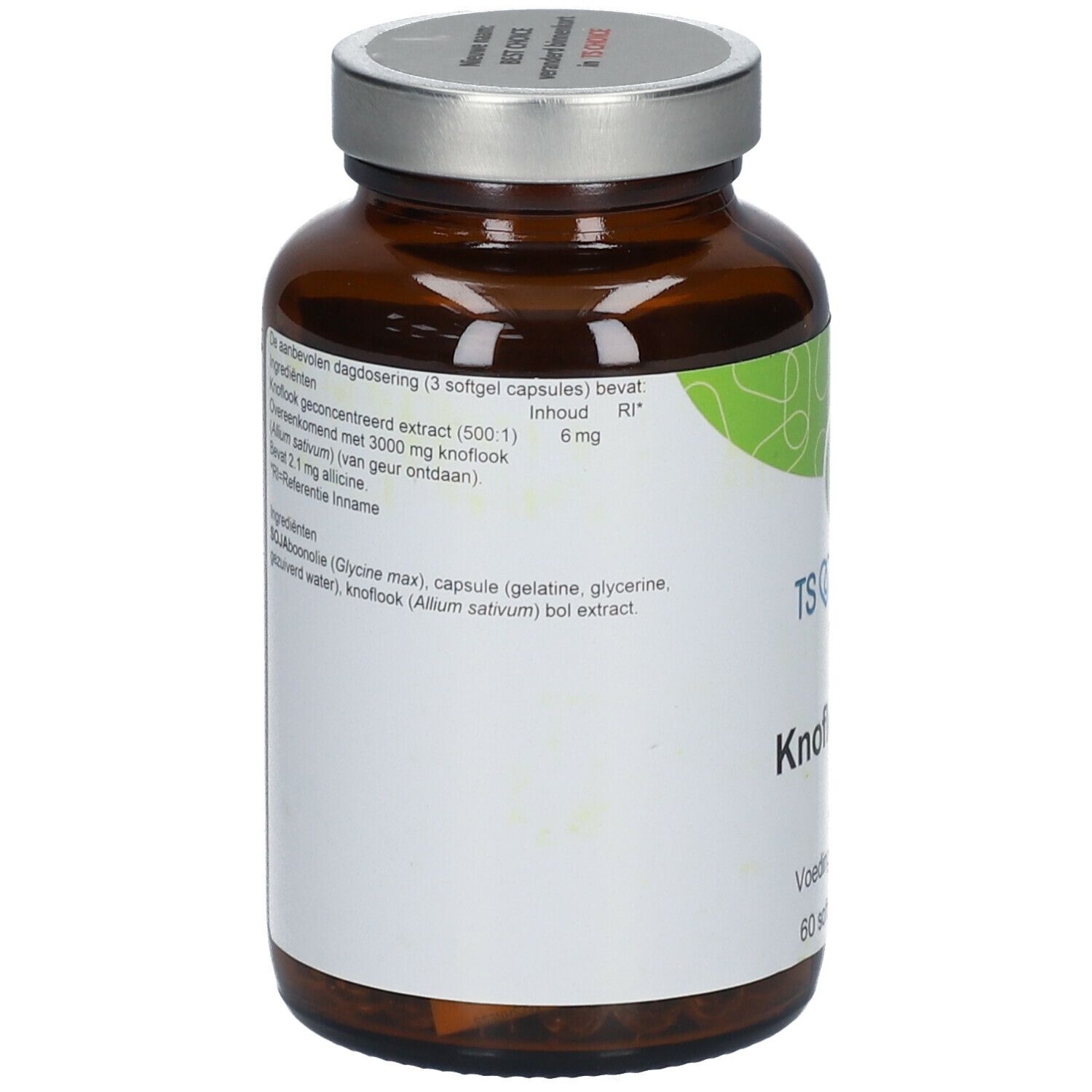 Achterkant van de bruine glazen fles. Etiket met ingrediënten en informatie over "TS CHOICE Knoflook Olie".
