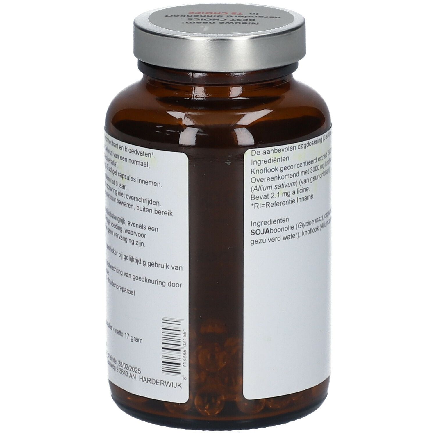 Achterkant van de bruine glazen fles. Etiket met ingrediënten en informatie over "TS CHOICE Knoflook Olie".