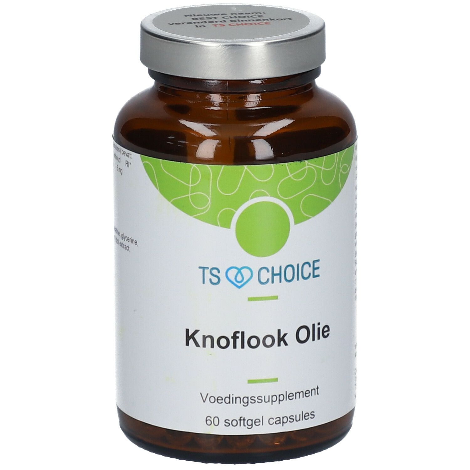 Bruine glazen fles met zilveren dop. Etiket met "TS CHOICE Knoflook Olie" en "60 softgel capsules".